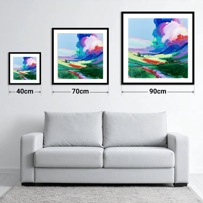 Vibrant Storm Over The Fells - size guide showing 40cm, 70cm and 90cm art prints