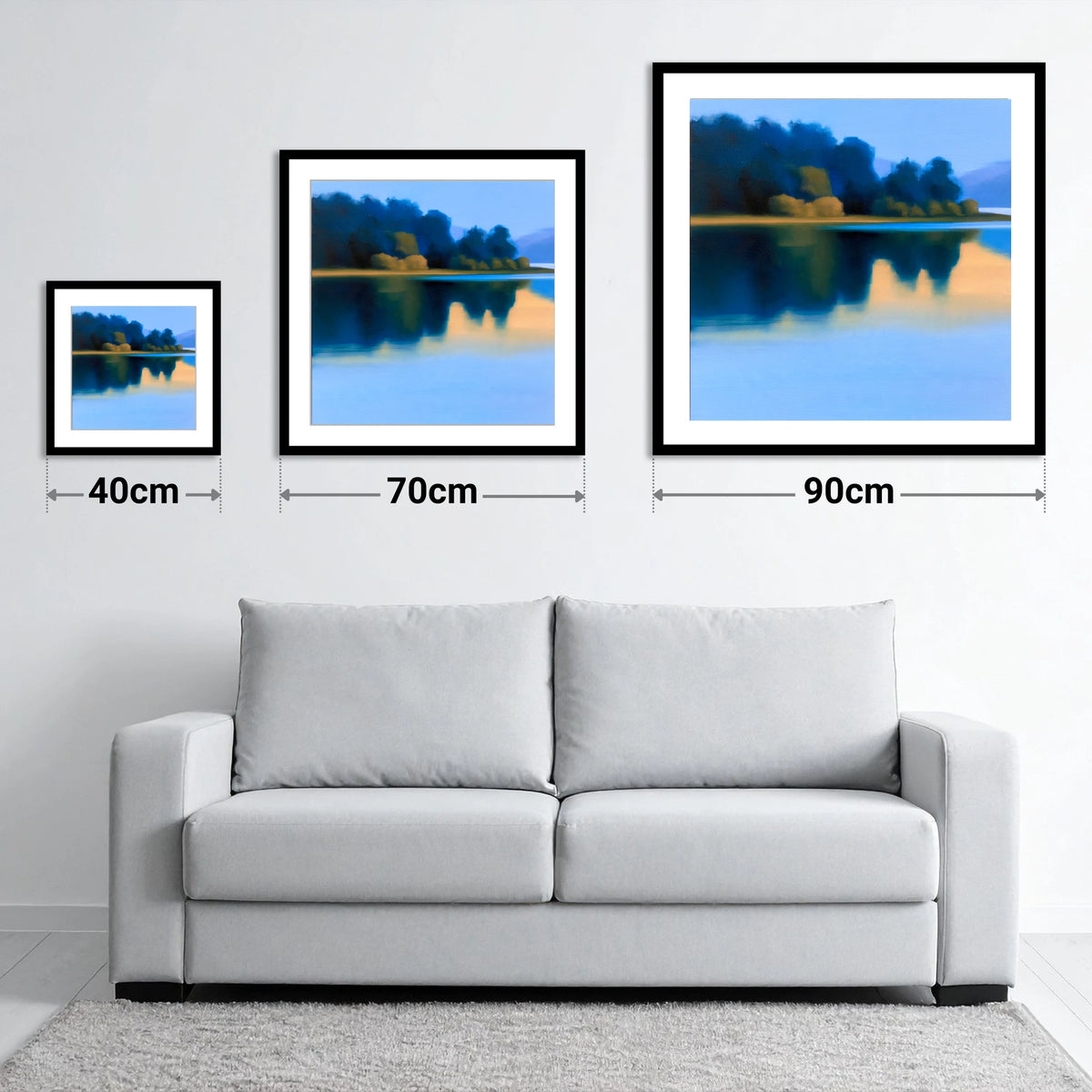 Deep Blue Lake Reflections - size guide showing 40cm, 70cm and 90cm art prints