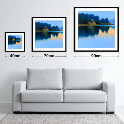 Deep Blue Lake Reflections - size guide showing 40cm, 70cm and 90cm art prints