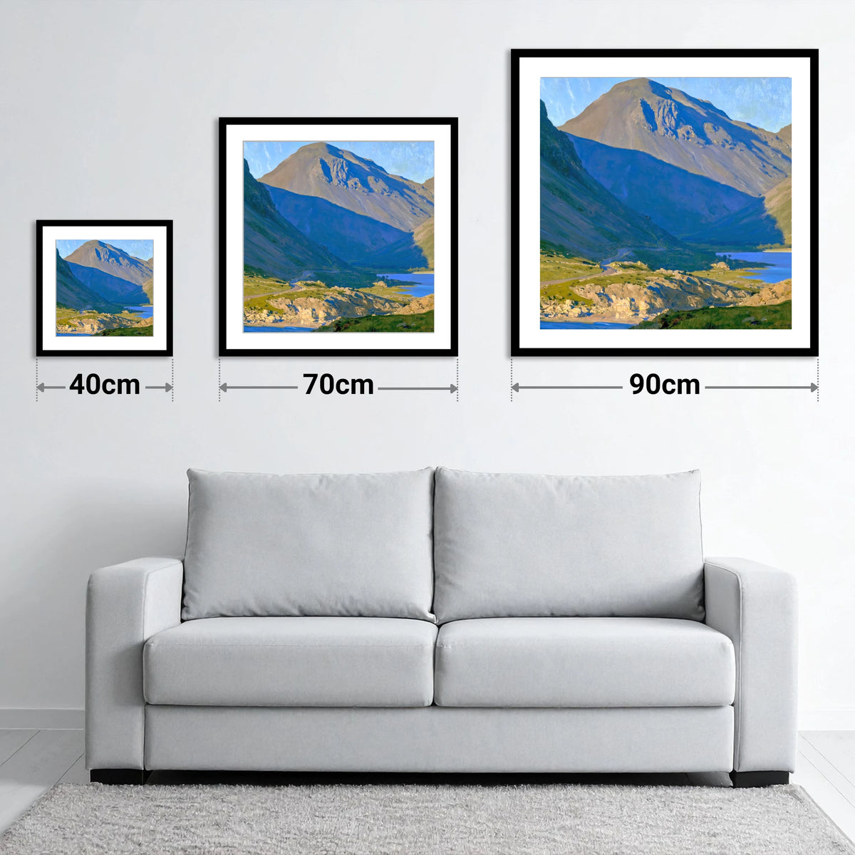 Sunlit Road to Great Gable - size guide showing 40cm, 70cm and 90cm art prints
