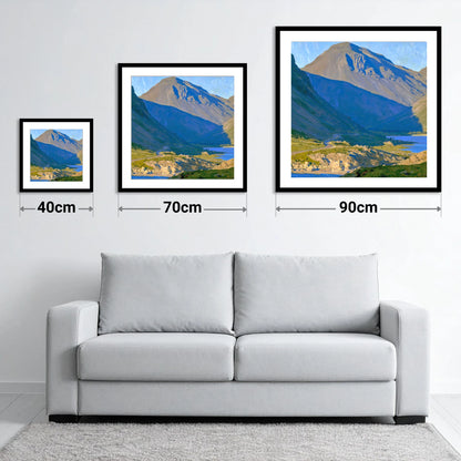 Sunlit Road to Great Gable - size guide showing 40cm, 70cm and 90cm art prints