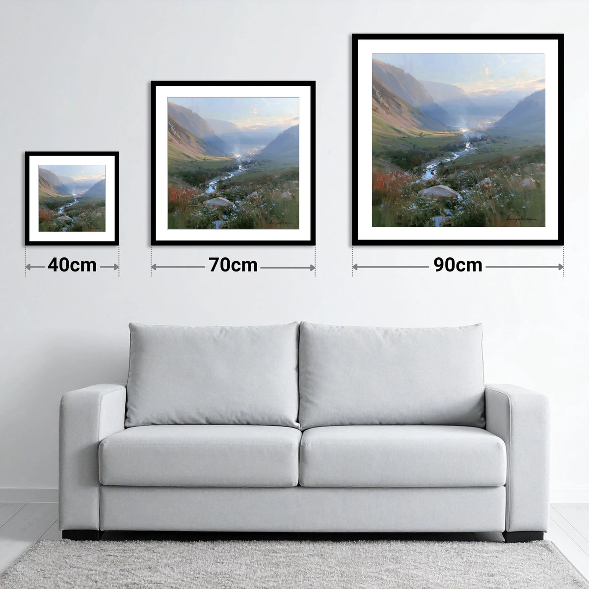 Valley Beck in Morning Haze - size guide showing 40cm, 70cm and 90cm art prints