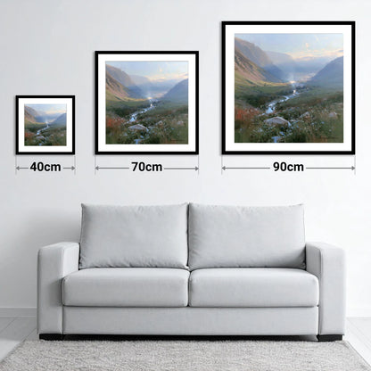 Valley Beck in Morning Haze - size guide showing 40cm, 70cm and 90cm art prints