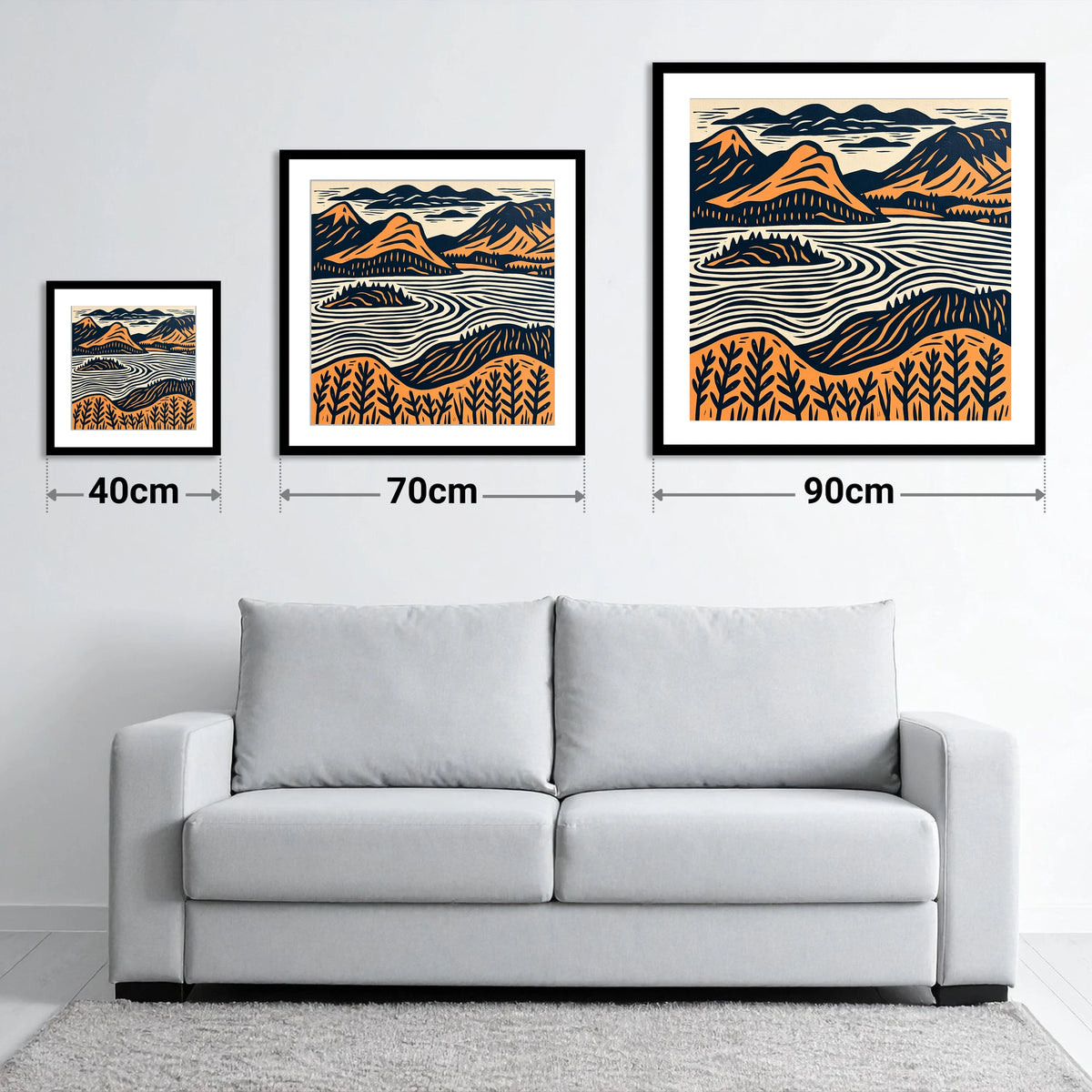 Derwentwater Island in Orange and Navy - size guide showing 40cm, 70cm and 90cm art prints