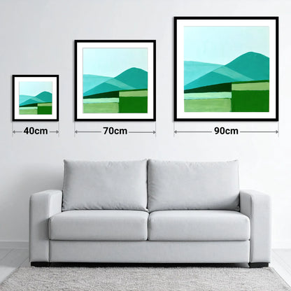 Modern Geometric Blencathra In Teal - size guide showing 40cm, 70cm and 90cm art prints