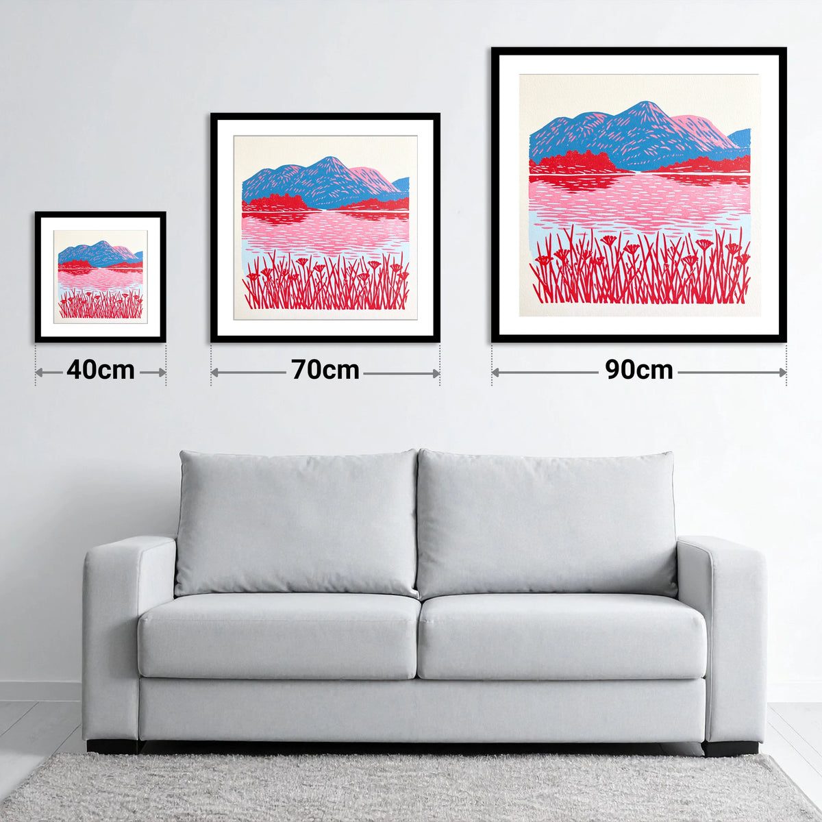 Vibrant Lake And Cobalt Fells - size guide showing 40cm, 70cm and 90cm art prints