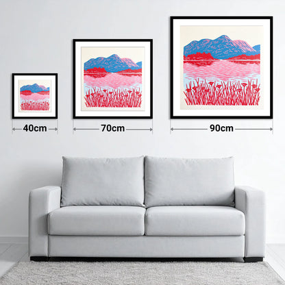 Vibrant Lake And Cobalt Fells - size guide showing 40cm, 70cm and 90cm art prints