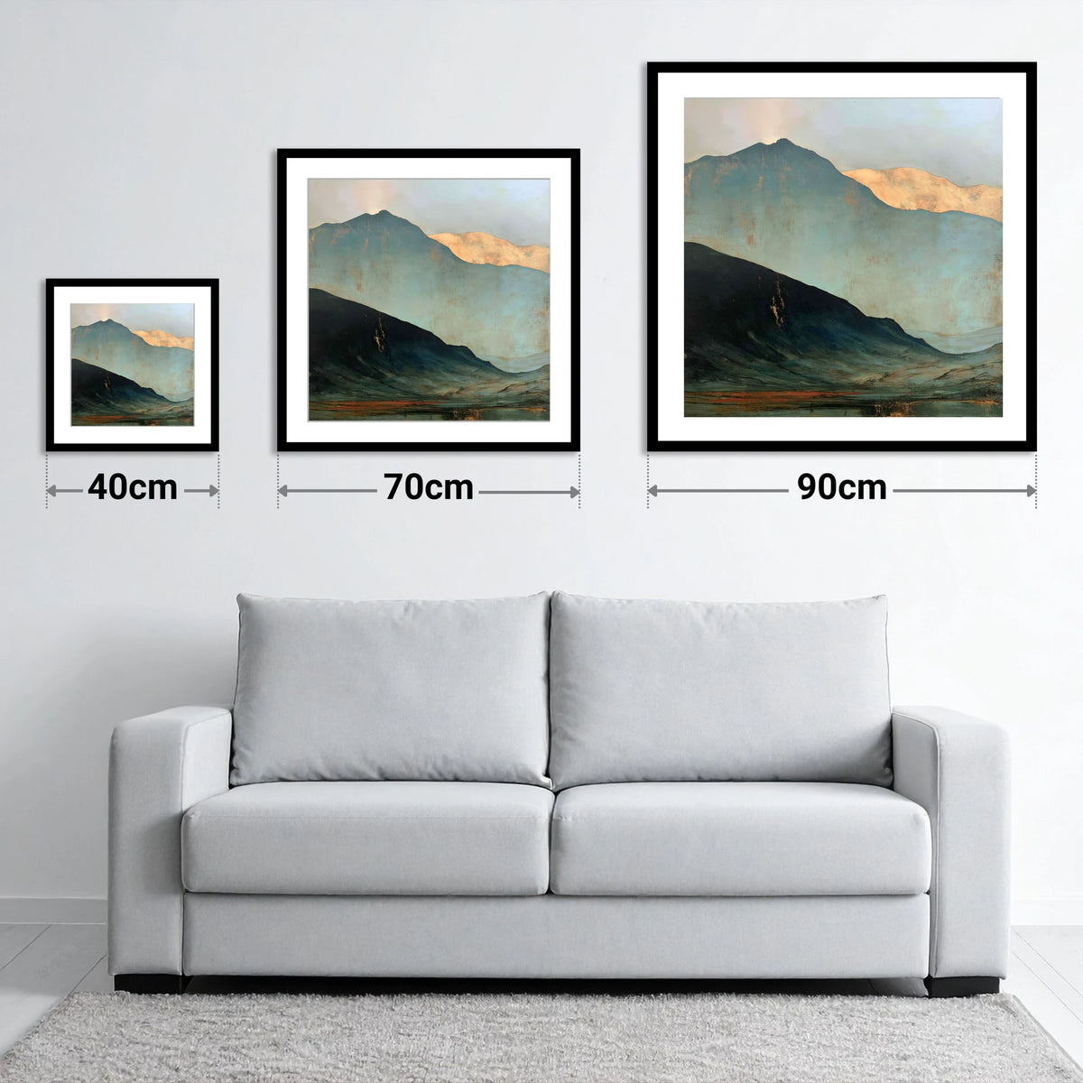 Langdale Pikes in Slate and Gold - size guide showing 40cm, 70cm and 90cm art prints