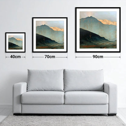 Langdale Pikes in Slate and Gold - size guide showing 40cm, 70cm and 90cm art prints