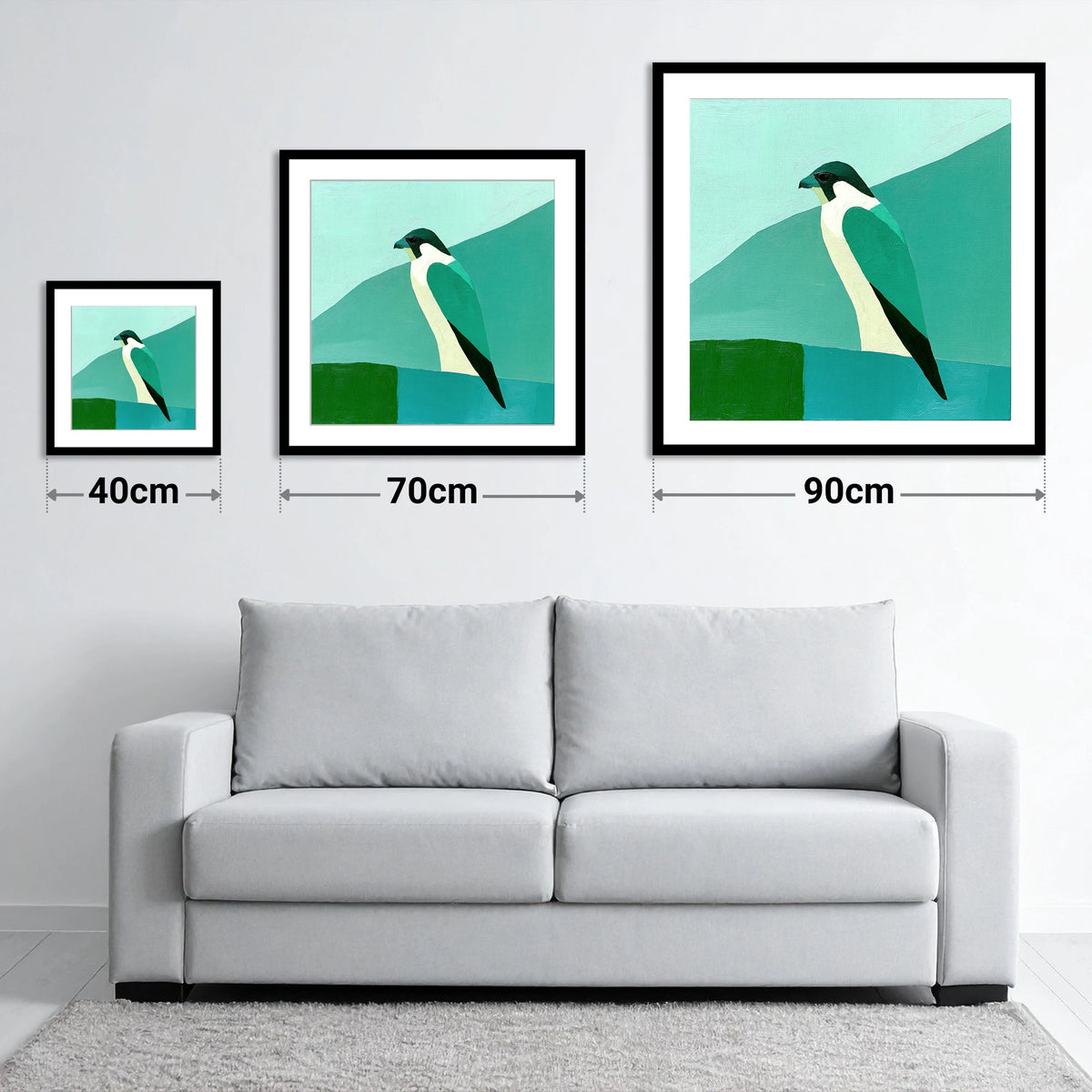 Geometric Teal Peregrine Falcon - size guide showing 40cm, 70cm and 90cm art prints