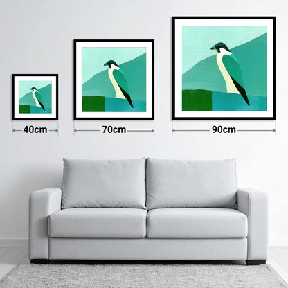 Geometric Teal Peregrine Falcon - size guide showing 40cm, 70cm and 90cm art prints