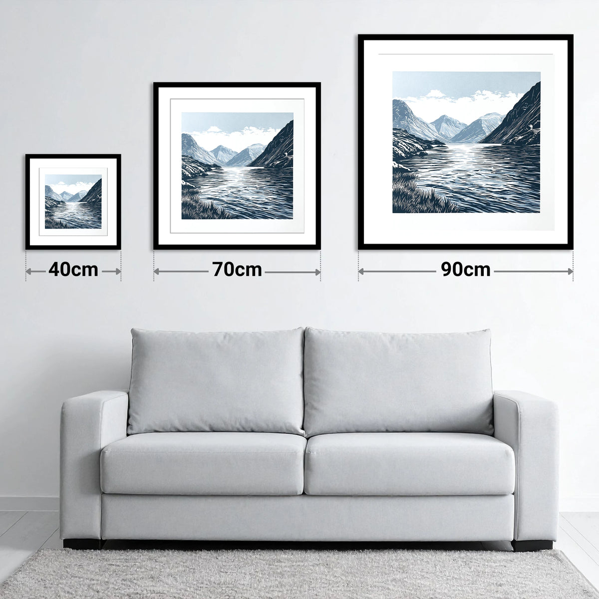 Wasdale Fells In Deep Navy - size guide showing 40cm, 70cm and 90cm art prints