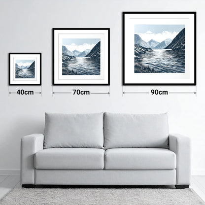 Wasdale Fells In Deep Navy - size guide showing 40cm, 70cm and 90cm art prints