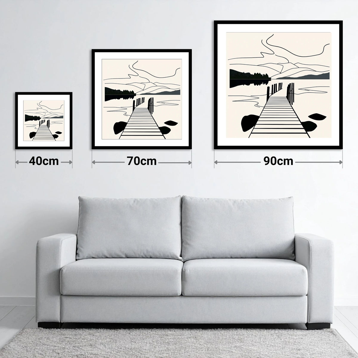 Minimalist Waterhead Jetty Ambleside - size guide showing 40cm, 70cm and 90cm art prints
