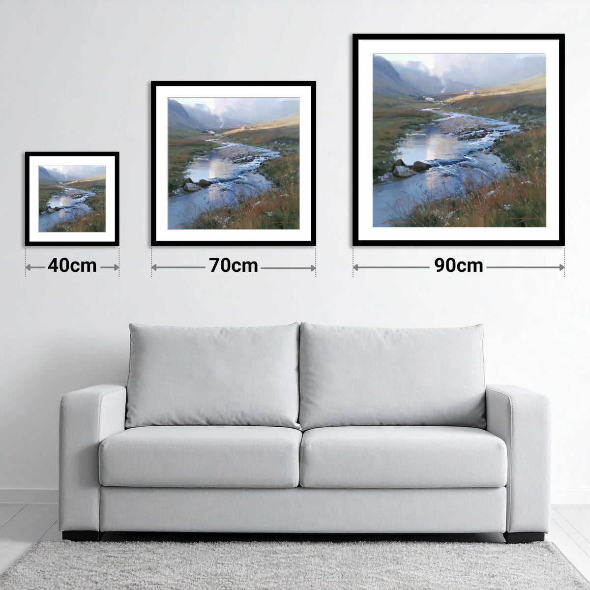 Winding Valley River in Sunlight - size guide showing 40cm, 70cm and 90cm art prints