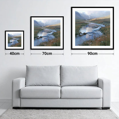 Winding Valley River in Sunlight - size guide showing 40cm, 70cm and 90cm art prints