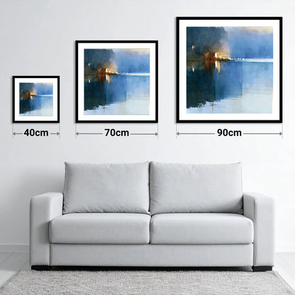 Indigo Lake Shore at Dusk - size guide showing 40cm, 70cm and 90cm art prints
