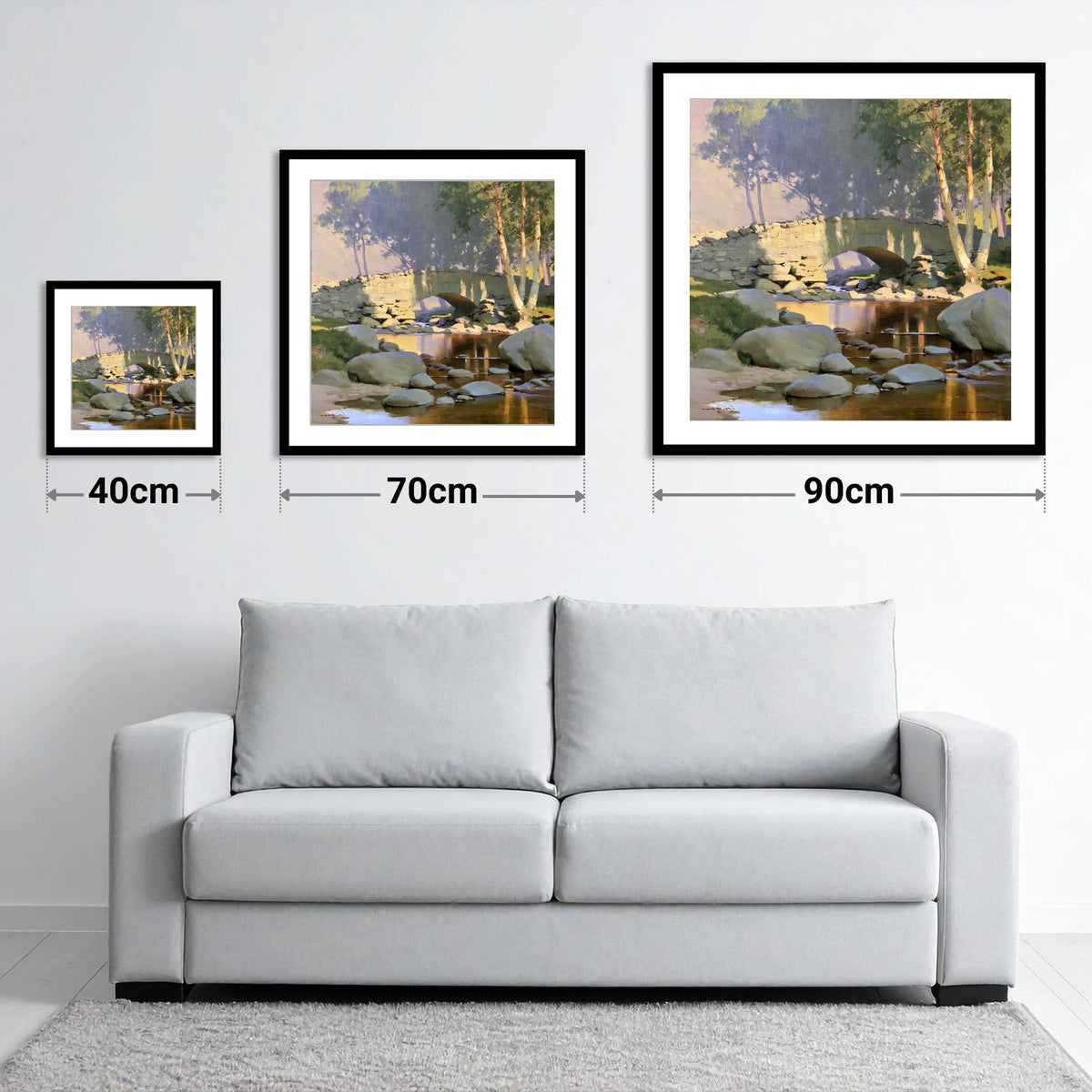 Sunlit Arched Bridge Over Beck - size guide showing 40cm, 70cm and 90cm art prints
