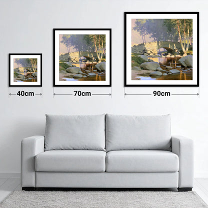 Sunlit Arched Bridge Over Beck - size guide showing 40cm, 70cm and 90cm art prints