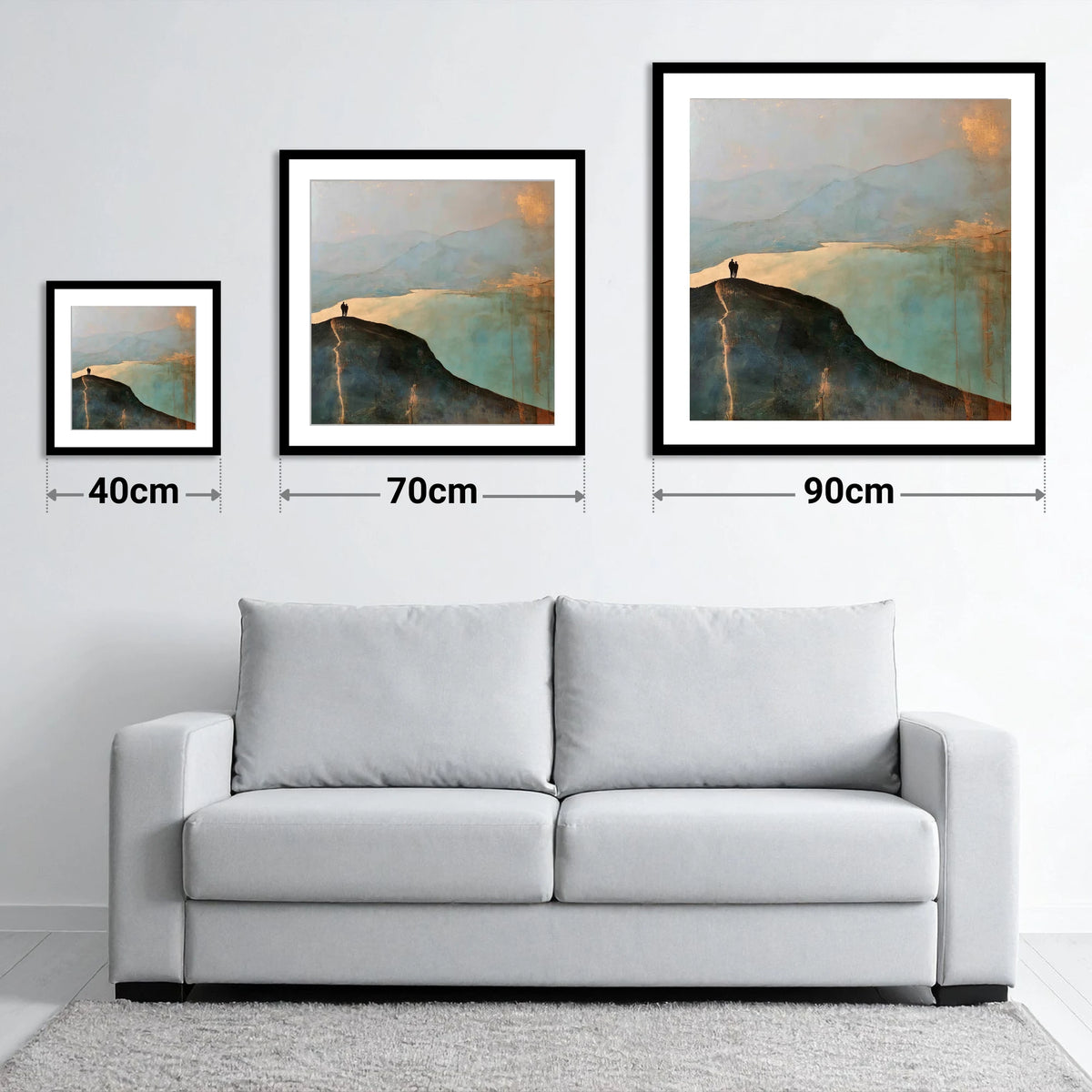 Catbells Ridge in Golden Light - size guide showing 40cm, 70cm and 90cm art prints