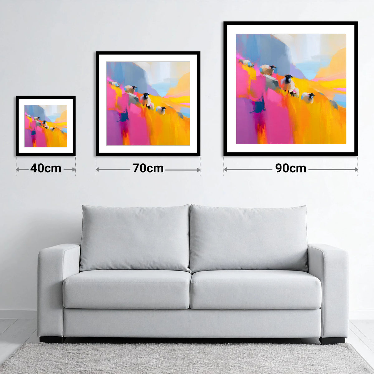 Herdwick Sheep in Fuchsia and Gold - size guide showing 40cm, 70cm and 90cm art prints