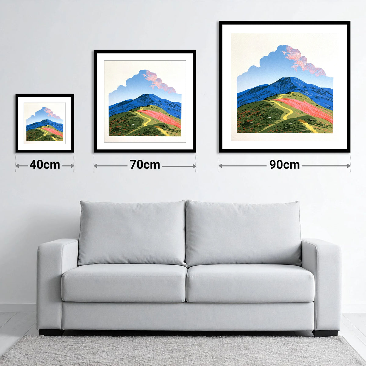 Yellow Path Over Rolling Fells - size guide showing 40cm, 70cm and 90cm art prints