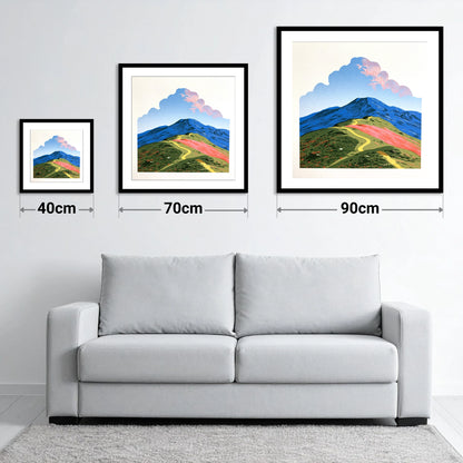 Yellow Path Over Rolling Fells - size guide showing 40cm, 70cm and 90cm art prints