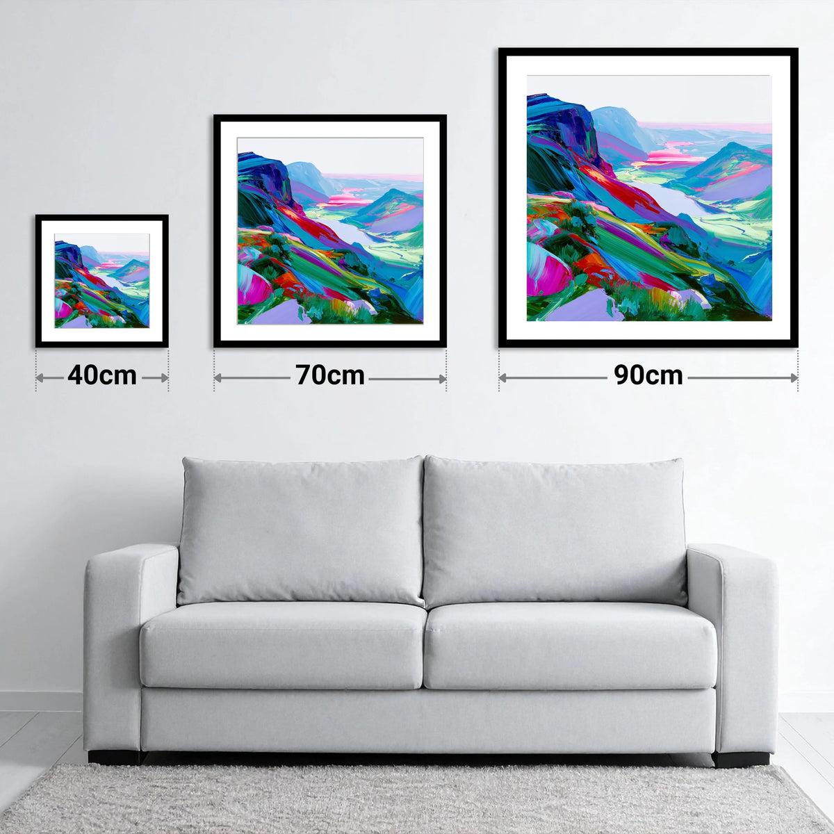 Vibrant Summit Valley View - size guide showing 40cm, 70cm and 90cm art prints