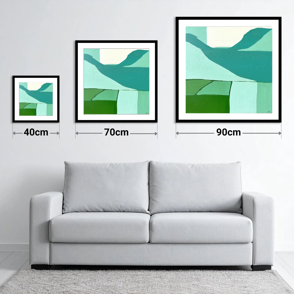 Abstract Scafell Pike Above Wastwater - size guide showing 40cm, 70cm and 90cm art prints