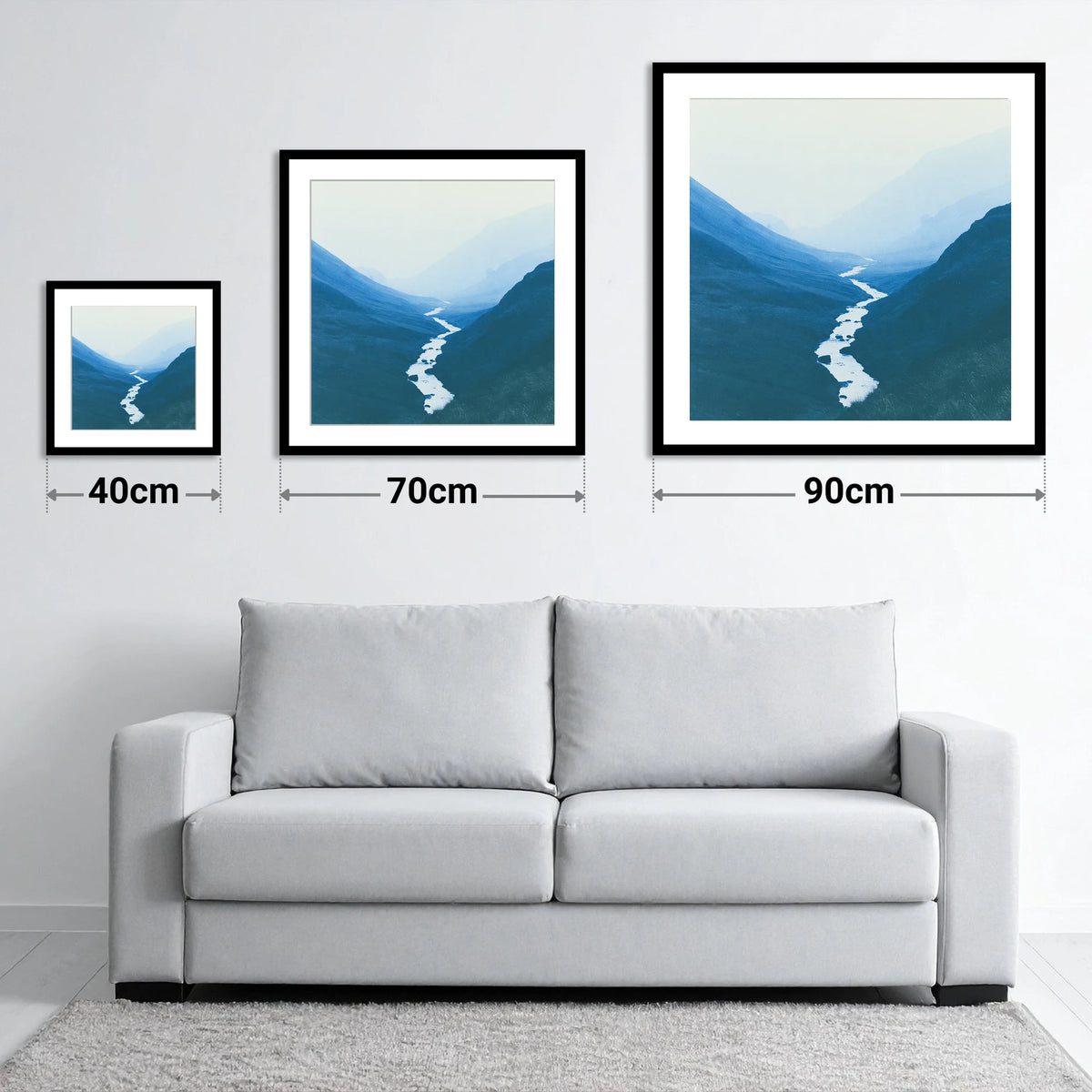 River Winding Through Blue Fells - size guide showing 40cm, 70cm and 90cm art prints