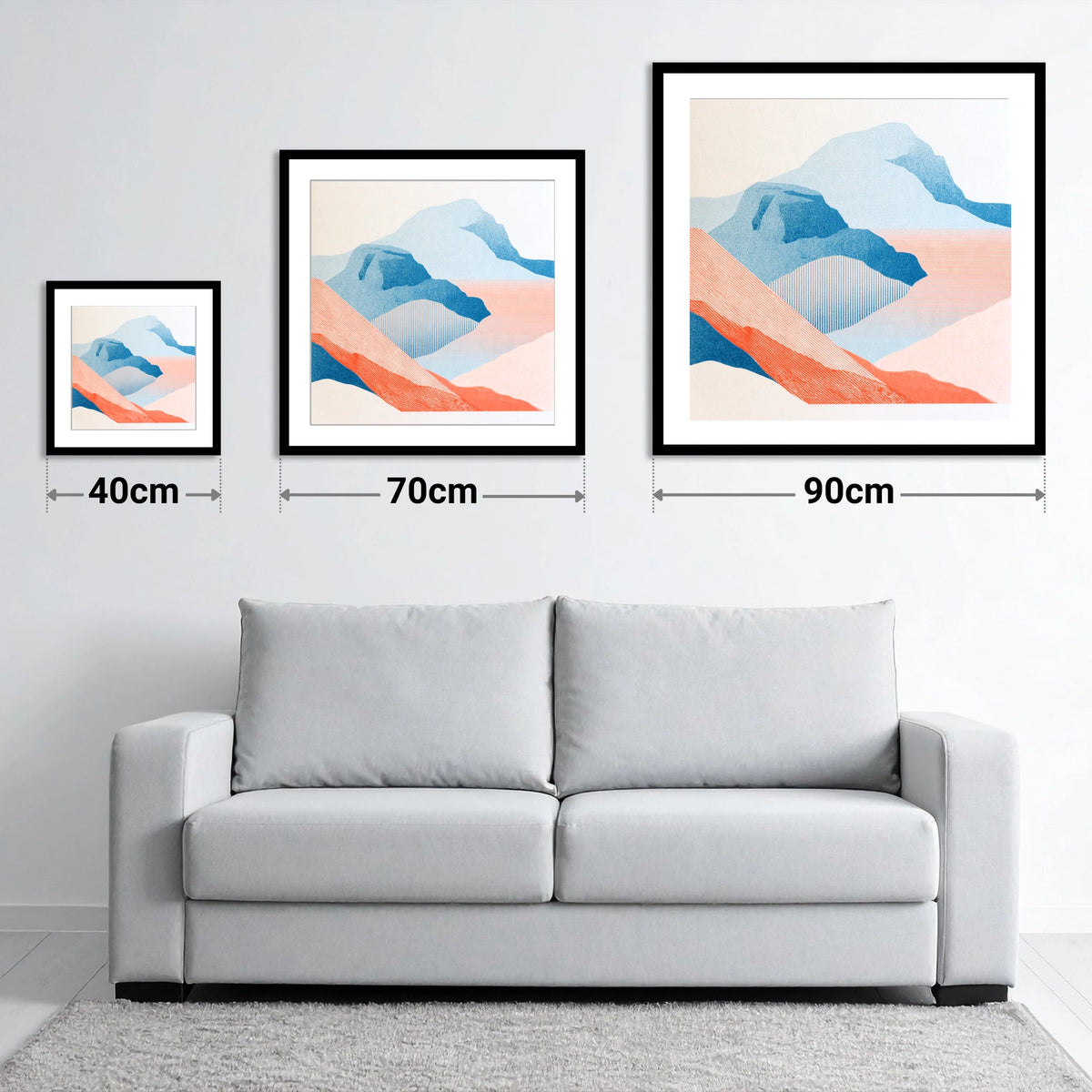 Bowfell in Graphic Coral and Blue - size guide showing 40cm, 70cm and 90cm art prints