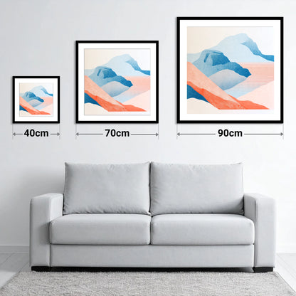 Bowfell in Graphic Coral and Blue - size guide showing 40cm, 70cm and 90cm art prints