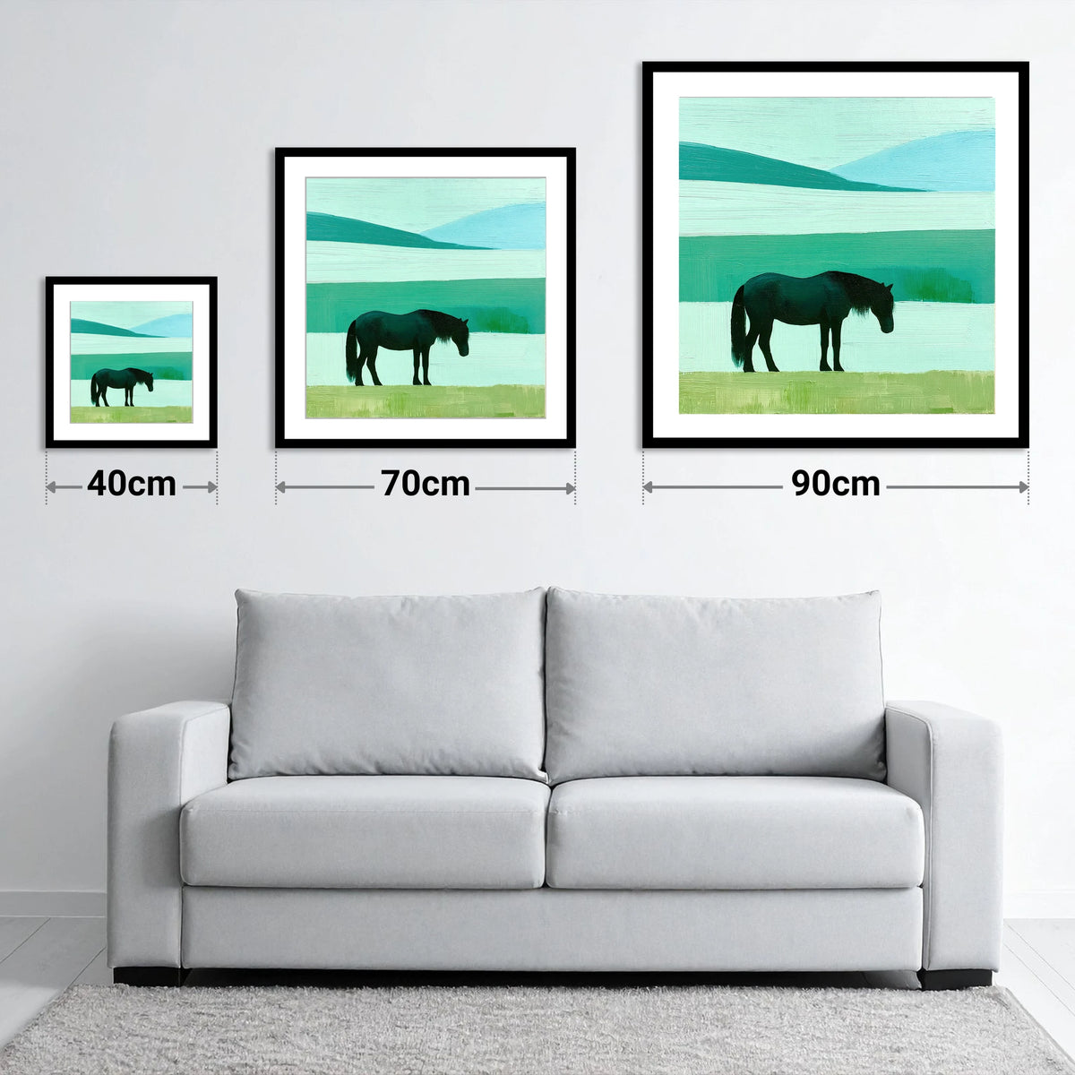 Fell Pony in Teal Fells - size guide showing 40cm, 70cm and 90cm art prints