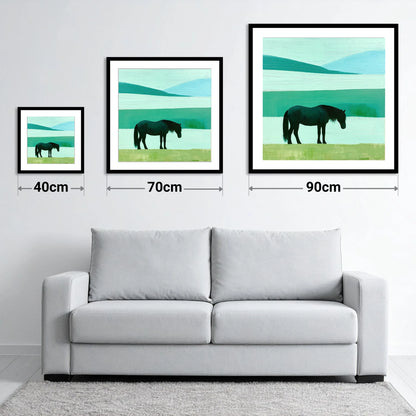 Fell Pony in Teal Fells - size guide showing 40cm, 70cm and 90cm art prints