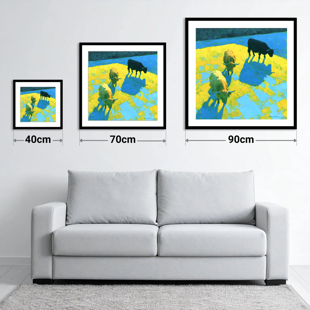 Vibrant Highland Cattle in Summer Light - size guide showing 40cm, 70cm and 90cm art prints