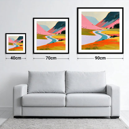 Winding River Through Pink Fells - size guide showing 40cm, 70cm and 90cm art prints