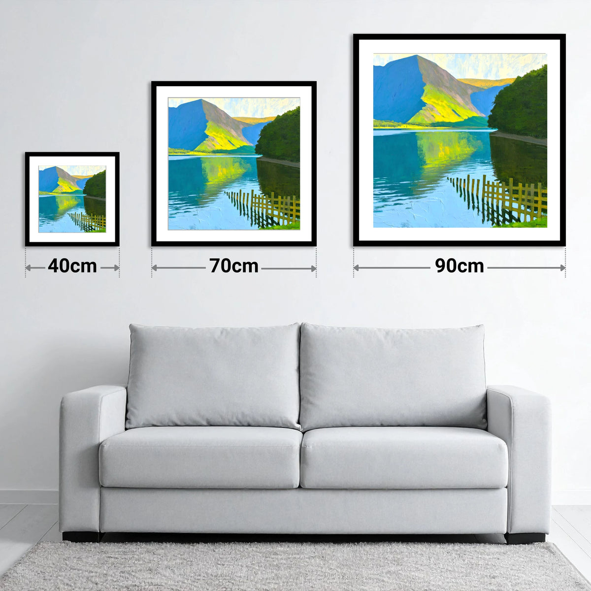 Buttermere Fence and Sunlit Fells - size guide showing 40cm, 70cm and 90cm art prints