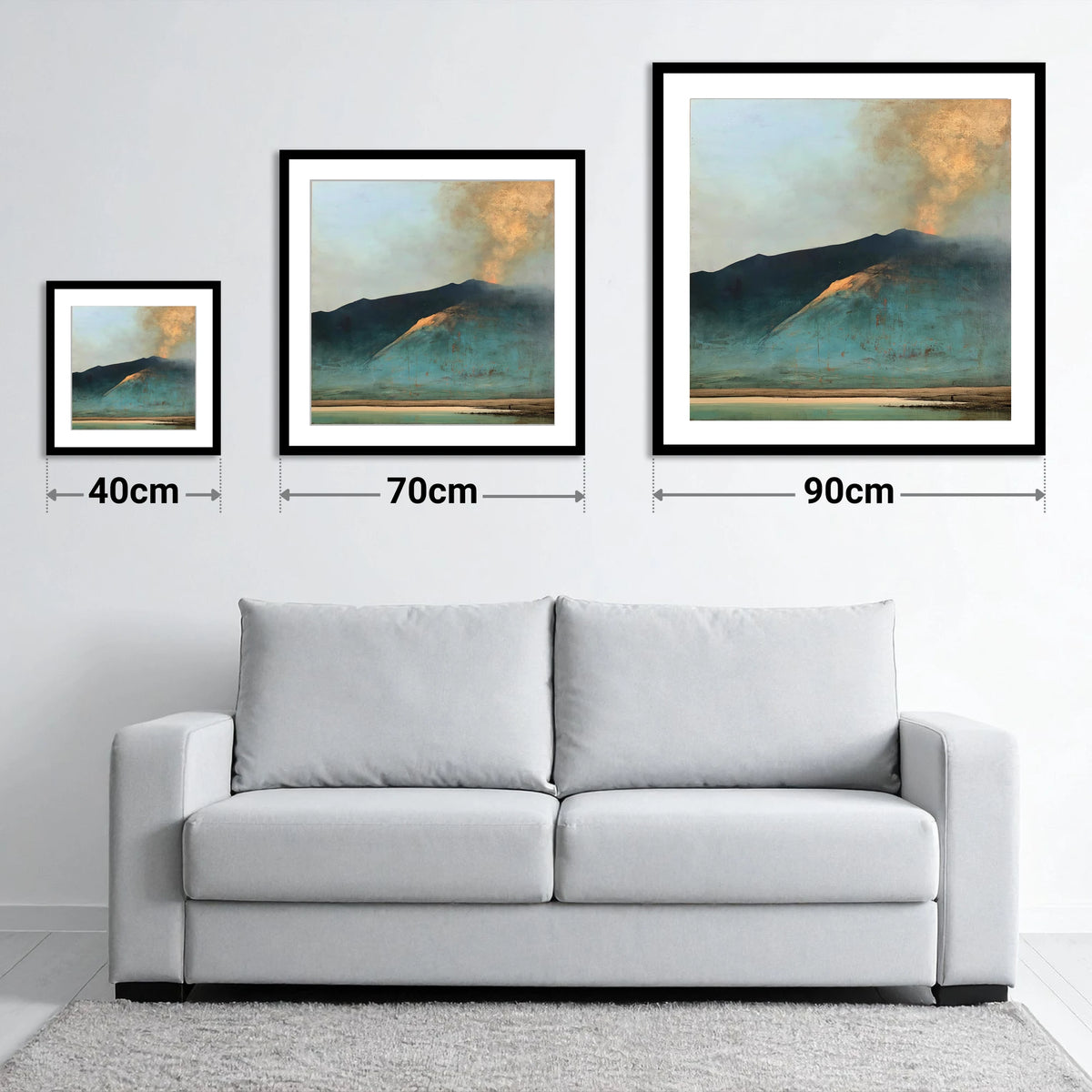 Golden Light on Blencathra Ridge - size guide showing 40cm, 70cm and 90cm art prints
