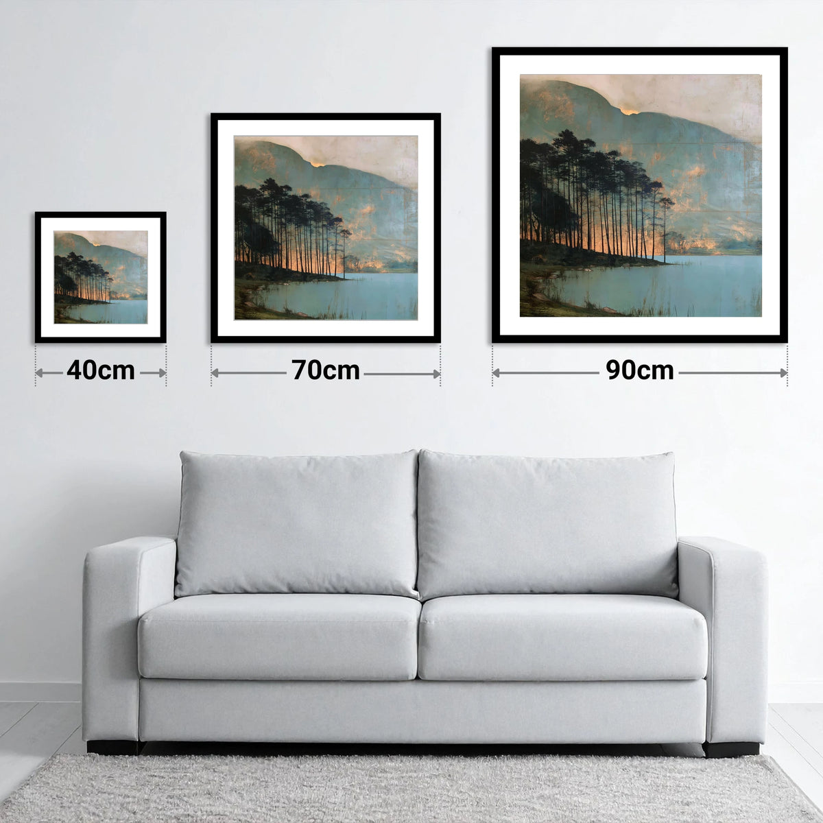 Buttermere Pines in Golden Light - size guide showing 40cm, 70cm and 90cm art prints