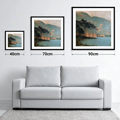 Buttermere Pines in Golden Light - size guide showing 40cm, 70cm and 90cm art prints