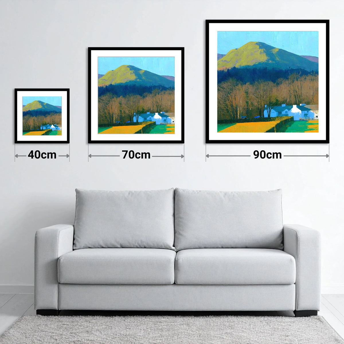Luminous Latrigg Above White Buildings - size guide showing 40cm, 70cm and 90cm art prints