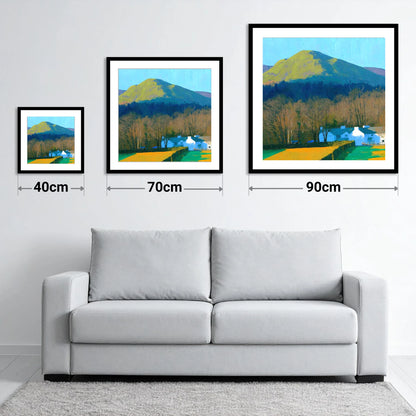 Luminous Latrigg Above White Buildings - size guide showing 40cm, 70cm and 90cm art prints