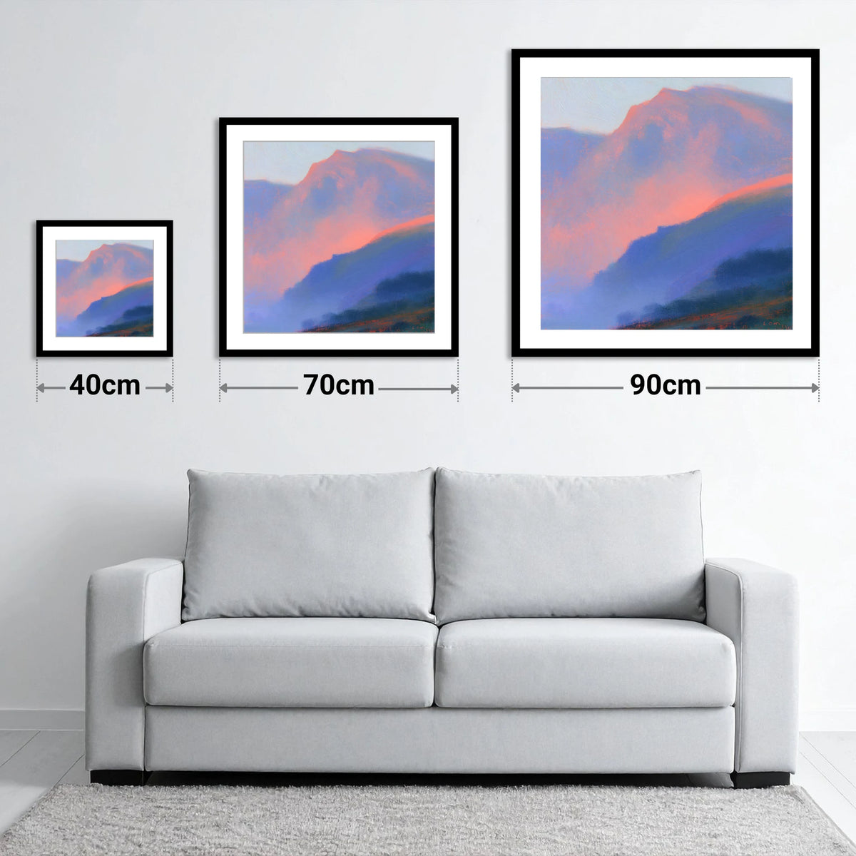 Pink Evening Light Over Fells - size guide showing 40cm, 70cm and 90cm art prints