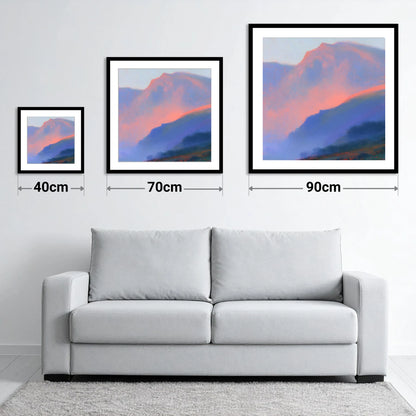 Pink Evening Light Over Fells - size guide showing 40cm, 70cm and 90cm art prints