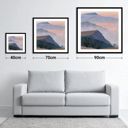 Misty Mountain Ridge at Dusk - size guide showing 40cm, 70cm and 90cm art prints
