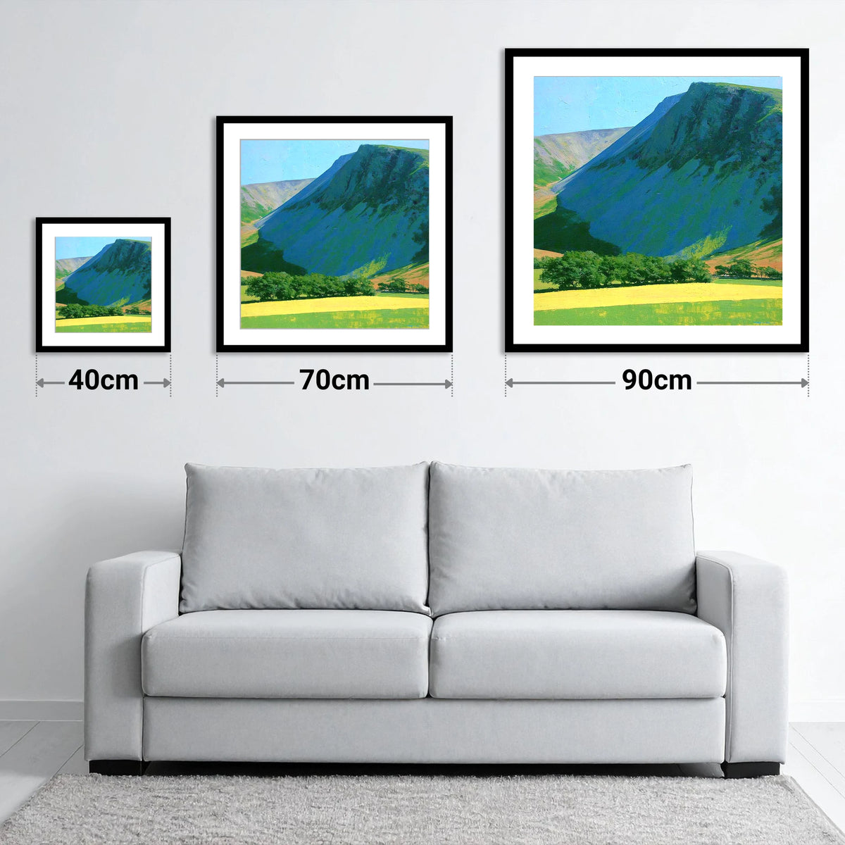 Vibrant Fields Below Great Borne - size guide showing 40cm, 70cm and 90cm art prints
