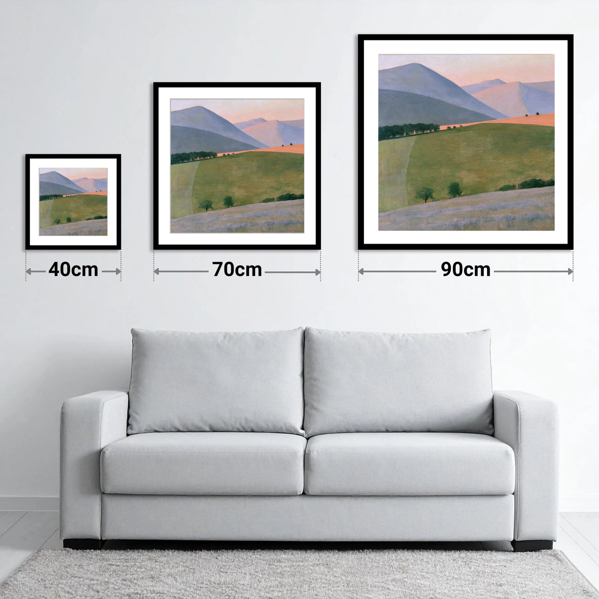 Pastel Fells Above Green Valley - size guide showing 40cm, 70cm and 90cm art prints