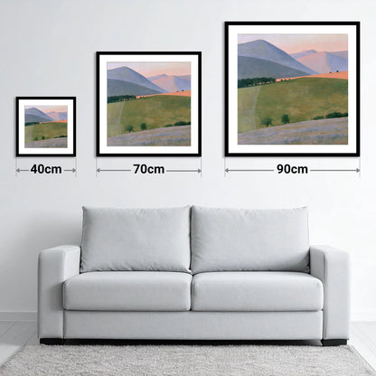 Pastel Fells Above Green Valley - size guide showing 40cm, 70cm and 90cm art prints