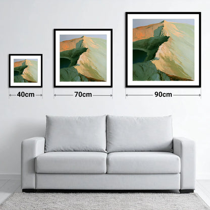 Apricot Light on Striding Edge - size guide showing 40cm, 70cm and 90cm art prints