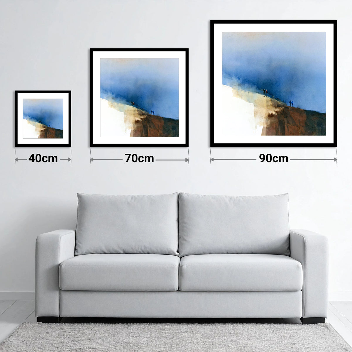 Fell Walkers Beneath Indigo Skies - size guide showing 40cm, 70cm and 90cm art prints